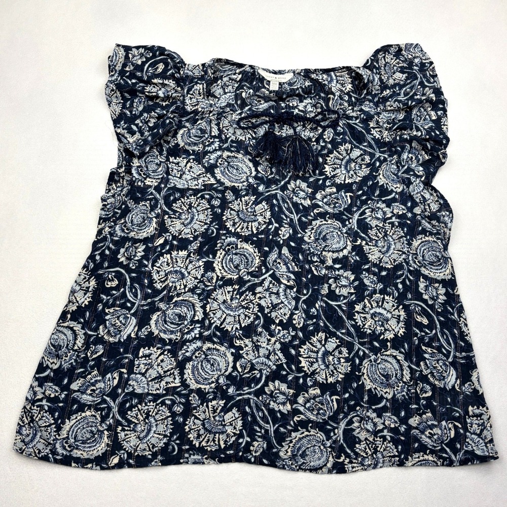 Lucky Brand Blouse Womens Medium Blue Floral Flutter Sleeve Metallic Tassel Top